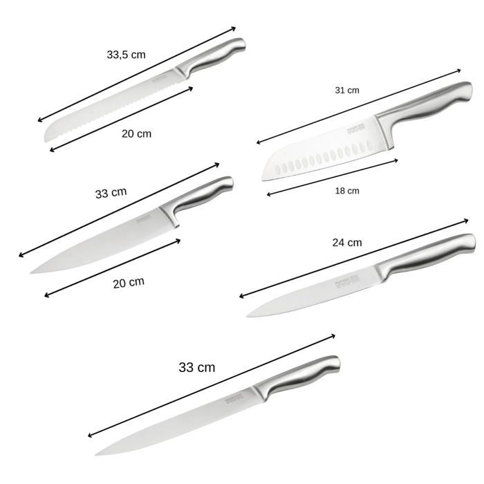 Ensemble de 5 couteaux de cuisine professionnels - NIROSTA - Inox - 24 a 33,5 cm
