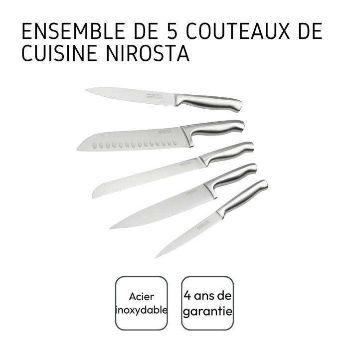 Ensemble de 5 couteaux de cuisine professionnels - NIROSTA - Inox - 24 a 33,5 cm