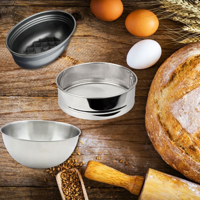 FACKELMANN Set of 3 Bread Baking Utensils - Mixing Bowl, Sieve, Loaf Pan