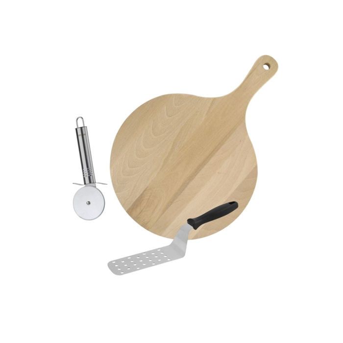 FACKELMANN Set of 3 Pizza Utensils - Wooden Board, Pizza Cutter, Pizza Peel