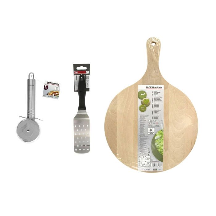 FACKELMANN Set of 3 Pizza Utensils - Wooden Board, Pizza Cutter, Pizza Peel