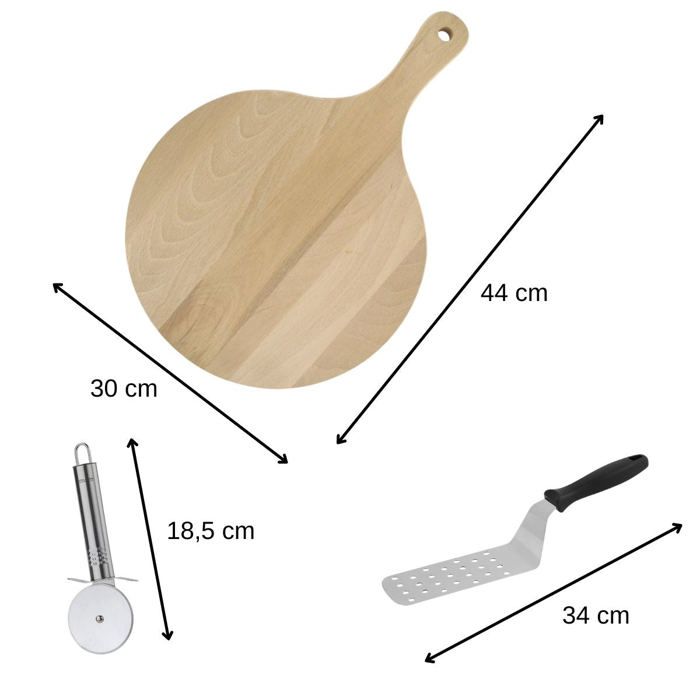 FACKELMANN Set of 3 Pizza Utensils - Wooden Board, Pizza Cutter, Pizza Peel