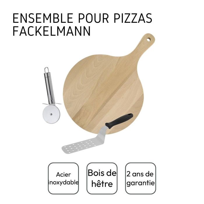 FACKELMANN Set of 3 Pizza Utensils - Wooden Board, Pizza Cutter, Pizza Peel