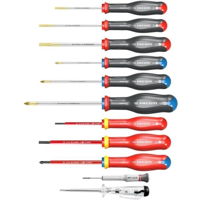 FACOM PROTWIST AT.11PB 11-Piece Screwdriver Set - Includes Slotted & Pozidriv® Screwdrivers 11-teilige PZ0x75 PZ1x100 PZ2x125