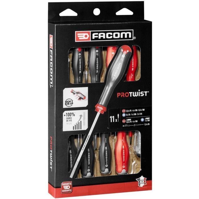 FACOM PROTWIST AT.11PB 11-Piece Screwdriver Set - Includes Slotted & Pozidriv® Screwdrivers 11-teilige PZ0x75 PZ1x100 PZ2x125