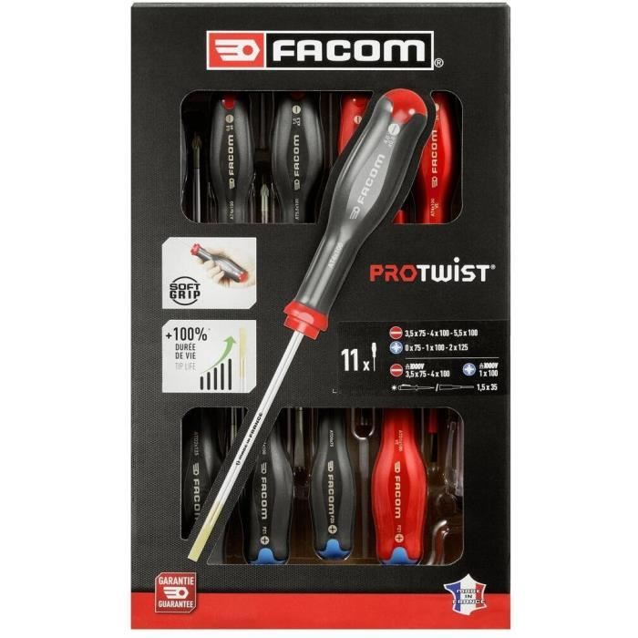 FACOM PROTWIST AT.11PB 11-Piece Screwdriver Set - Includes Slotted & Pozidriv® Screwdrivers 11-teilige PZ0x75 PZ1x100 PZ2x125