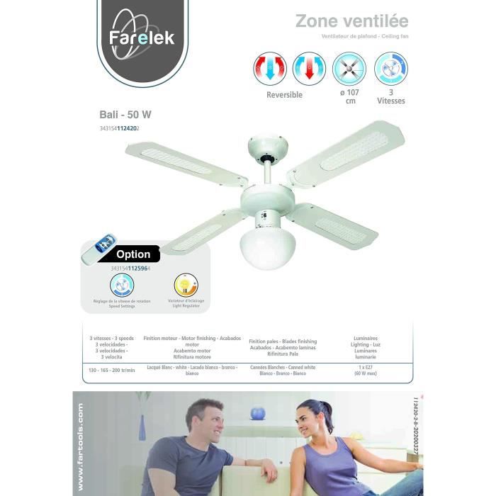 FARELEK BALI Ø 107 cm Reversible Ceiling Fan, 4 White Blades + Lighting