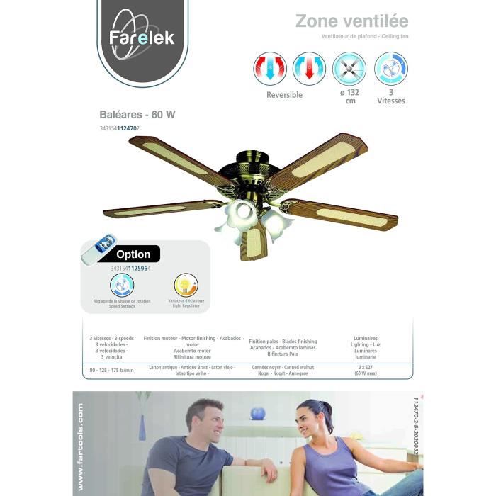 FARELEK BALEARES Ø 132 cm Reversible Ceiling Fan, 5 Walnut Blades + Lighting E27