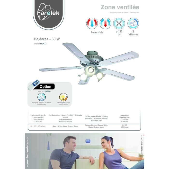 FARELEK BALEARES Ø 132 cm Reversible Ceiling Fan, 5 White Blades + Lighting