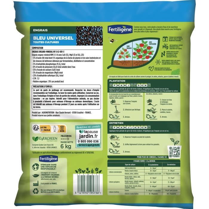 FERTILIGENE FBLEUBIO6 - Universal Blue Fertilizer 6 kg - Abundant flowering and harvests - Nourishes for up to 3 months - For 240m²