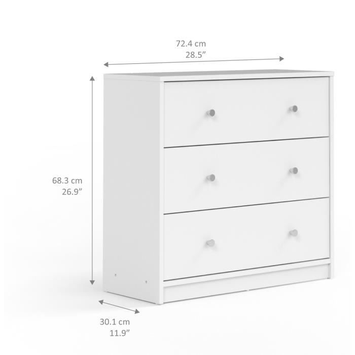 Commode OREGON 3 Tiroirs - Couleur blanc - L 72,4 x P 30,1 x H 68,3 cm