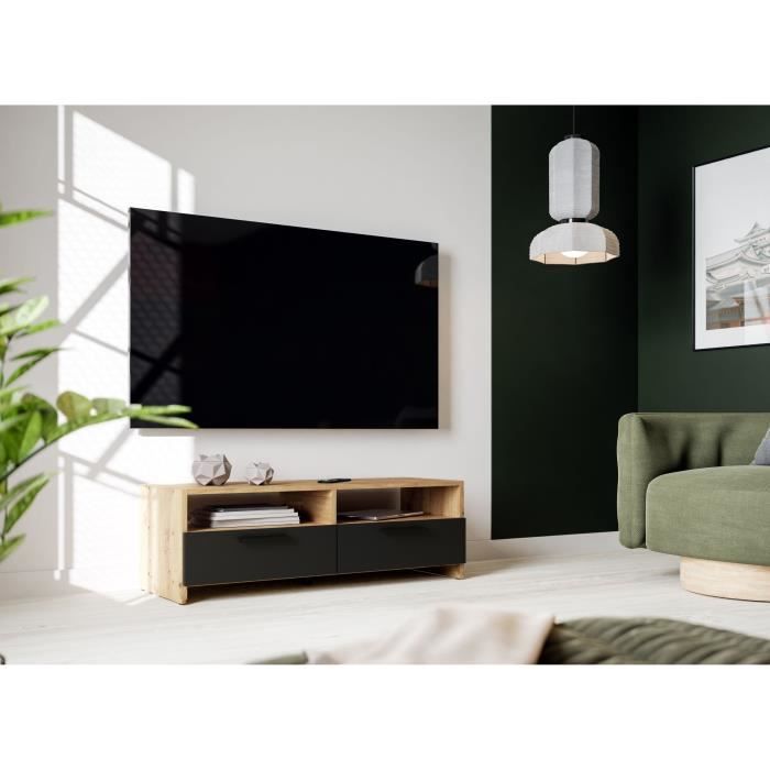 PILVI TV Stand - Contemporary Style - Oak and Black Finish - W 95 x D 36 x H 34.5 cm