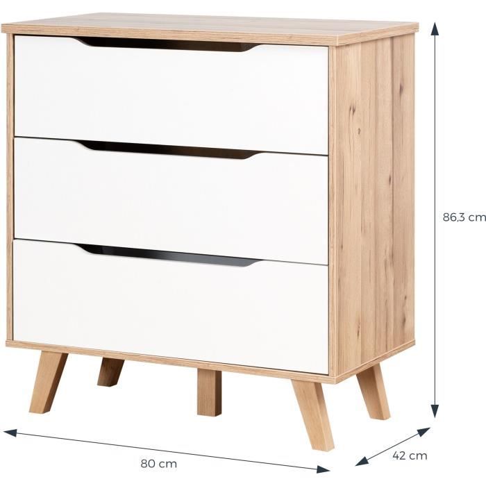 VANKKA 3-Drawer Chest - Oak & White Finish - Scandinavian Style - W80 x D42 x H86.3 cm