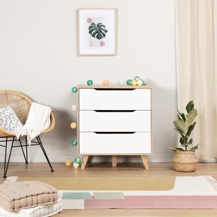 VANKKA 3-Drawer Chest - Oak & White Finish - Scandinavian Style - W80 x D42 x H86.3 cm