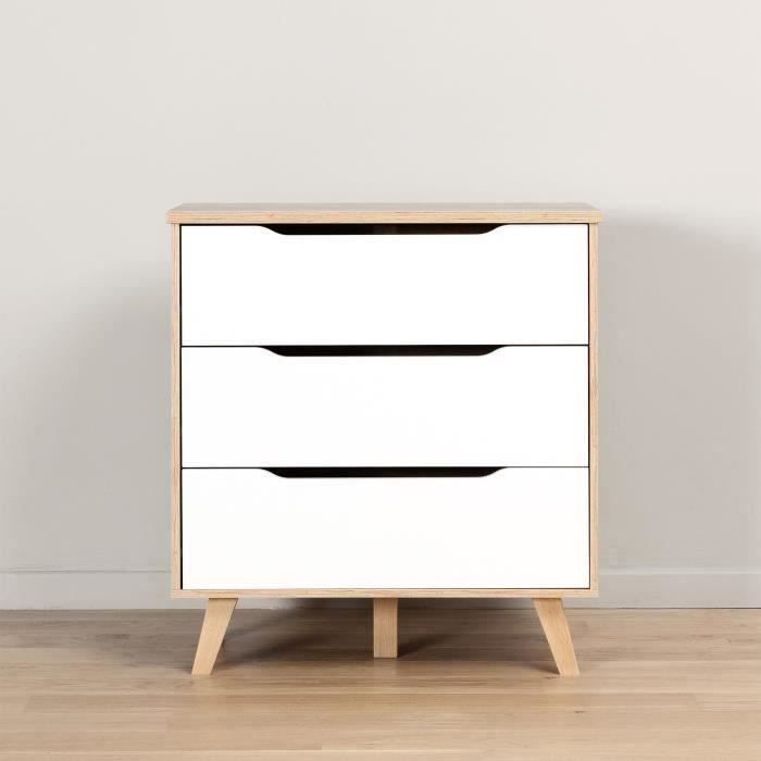 VANKKA 3-Drawer Chest - Oak & White Finish - Scandinavian Style - W80 x D42 x H86.3 cm