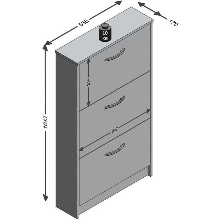 3-Compartment Shoe Cabinet - White - W58.5 x D17 x H168.3 cm