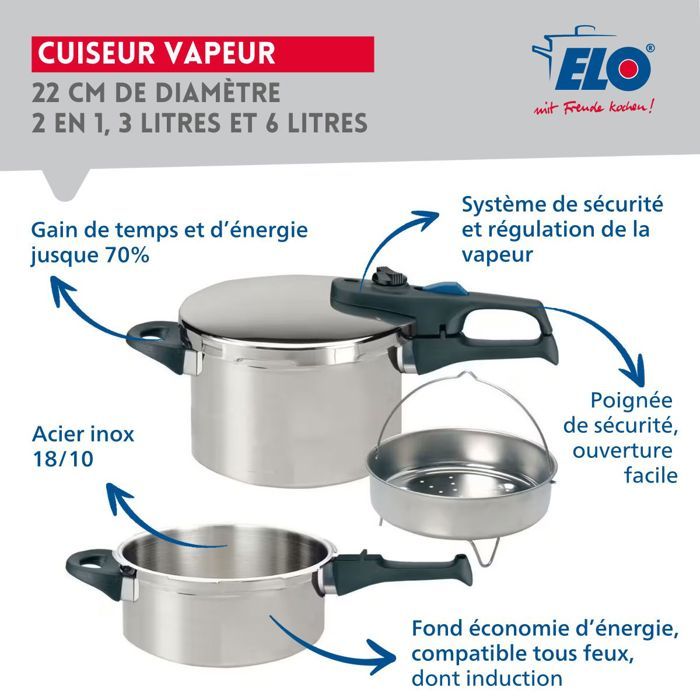 FACKELMANN Pressure Cooker - Elo Praktika Plus XL - 22 cm - 3 to 6 Liters - 18/10 Stainless Steel