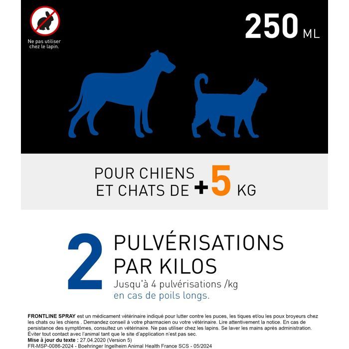 Frontline Spray - Flea and Tick Control - Cats and Dogs +5 kg - 250 ml