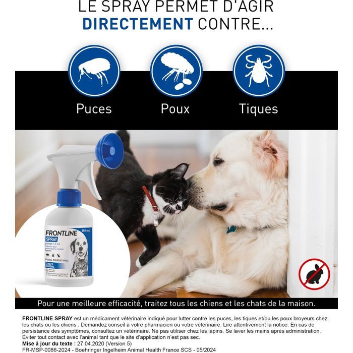 Frontline Spray - Flea and Tick Control - Cats and Dogs +5 kg - 250 ml