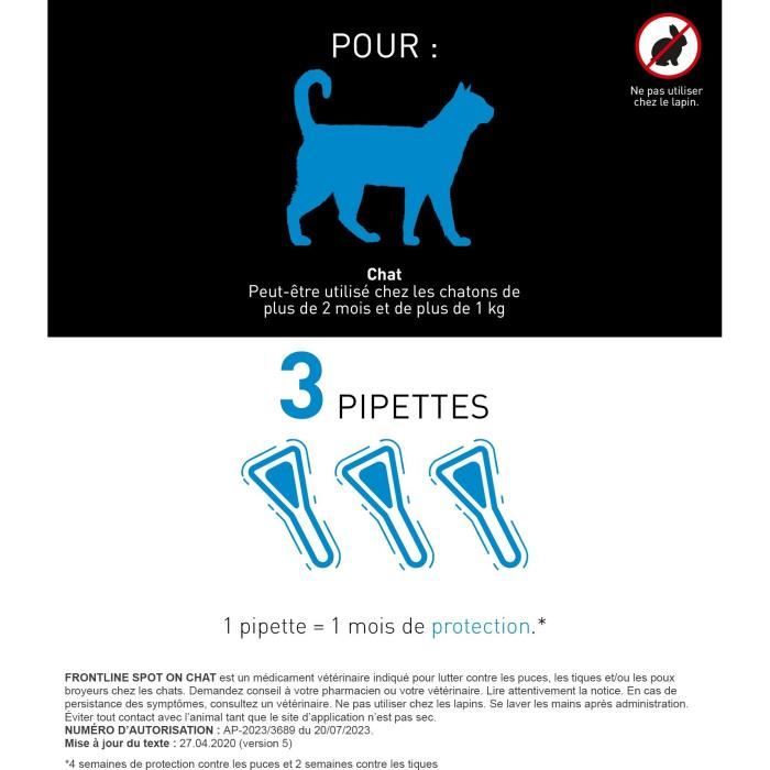 Frontline Spot On for Cats - Flea and Tick Treatment - 3 Pipettes