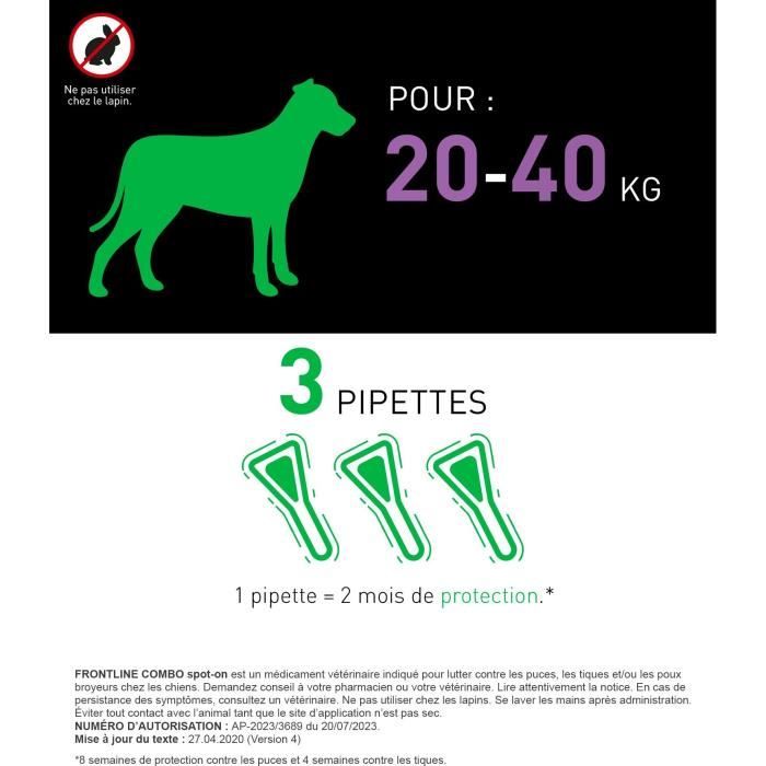 Frontline Combo for Dogs - Flea and Tick Treatment L - 20-40 kg - 3 Pipettes
