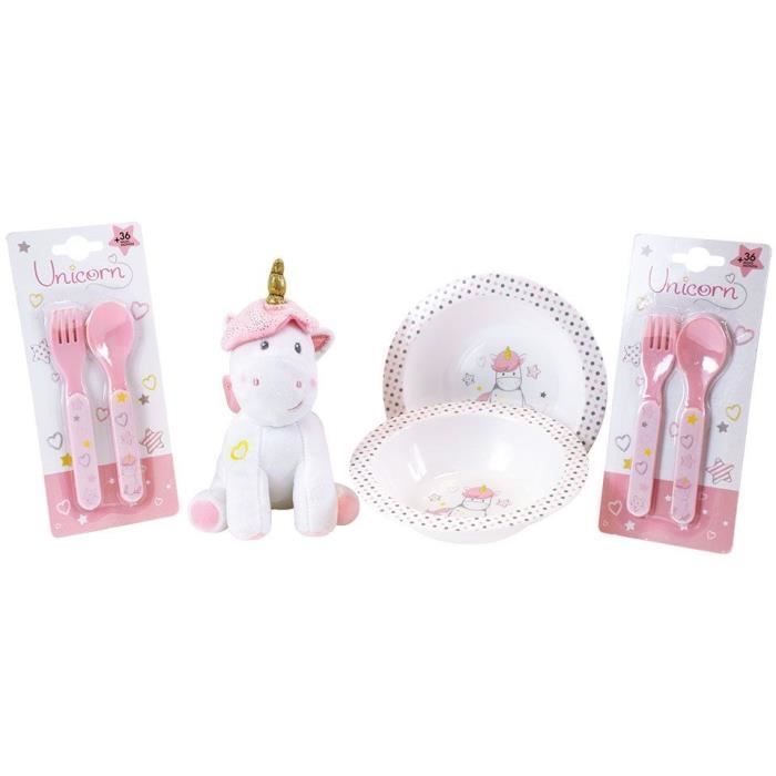 FUN HOUSE Unicorn Children's Dinnerware Set - 2 Plates, 2 Cutlery Sets, Plush Toy
