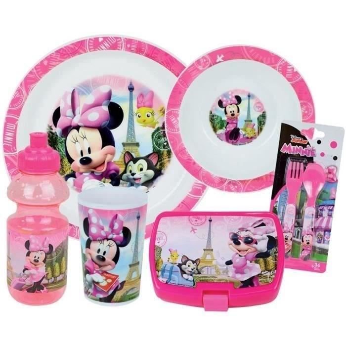 FUN HOUSE Disney Minnie Mouse Tableware Set - Glass, Soup Plate, Dinner Plate, Water Bottle, Snack Box, Cutlery