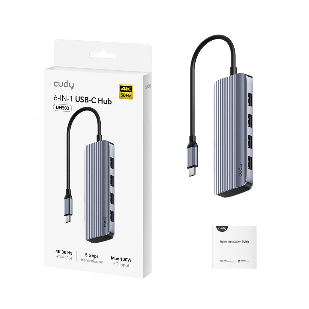 Cudy UH500 USB 3.2 Gen 1 Type-C Hub 6-in-1 5000 Mbit/s Grey Silver