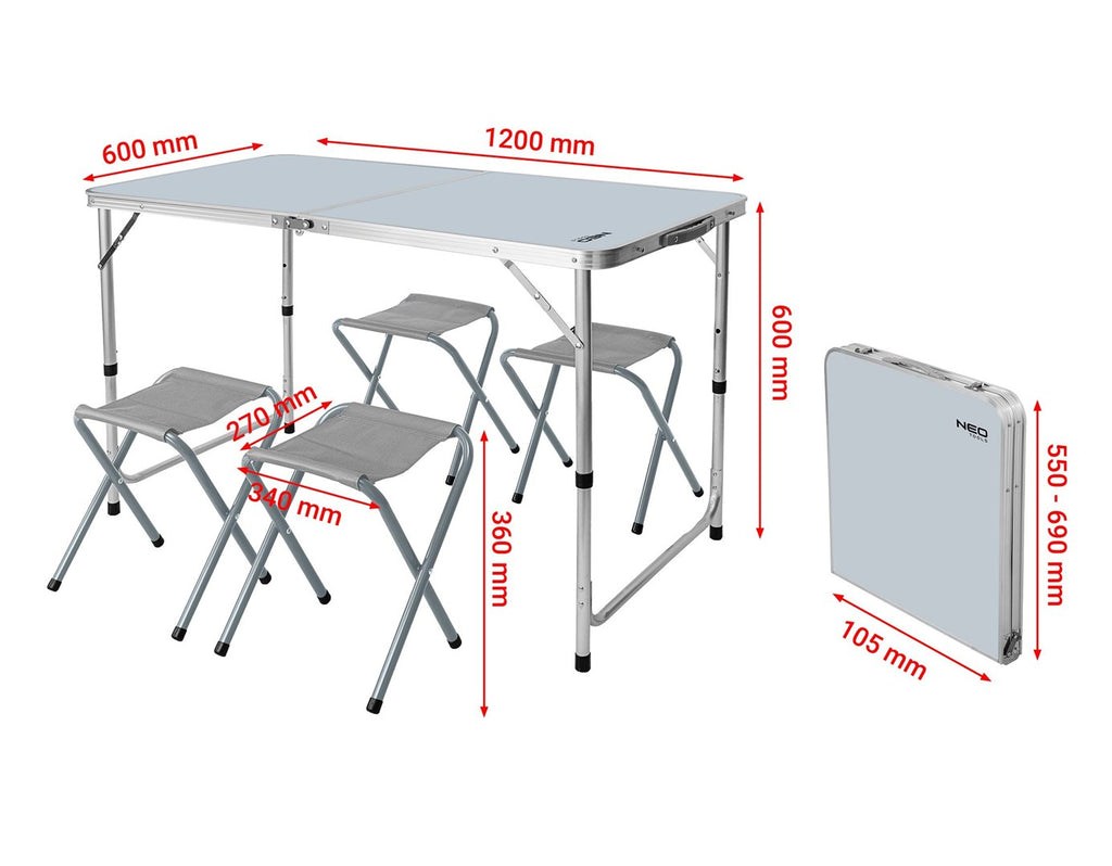 Camping Set Table & 4 Chairs Foldable in Case NEO TOOLS 63-159