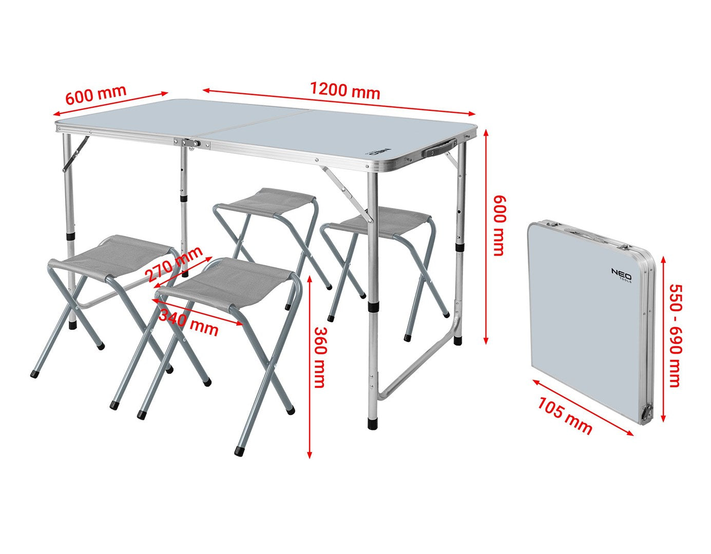 Camping Set Table & 4 Chairs Foldable in Case NEO TOOLS 63-159