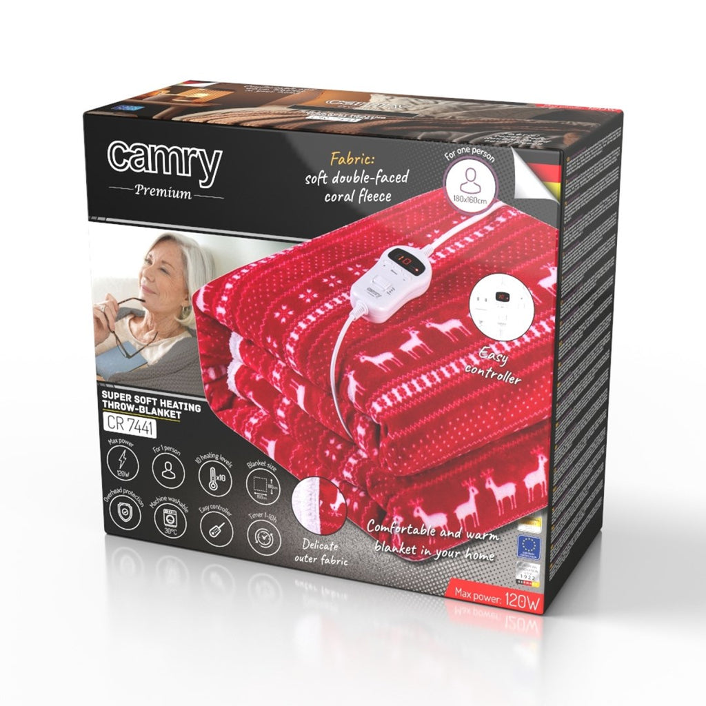 Adler CR 7441 Electric Blanket 120 W Red, White Fleece 10 Heating Levels Auto Power Off
