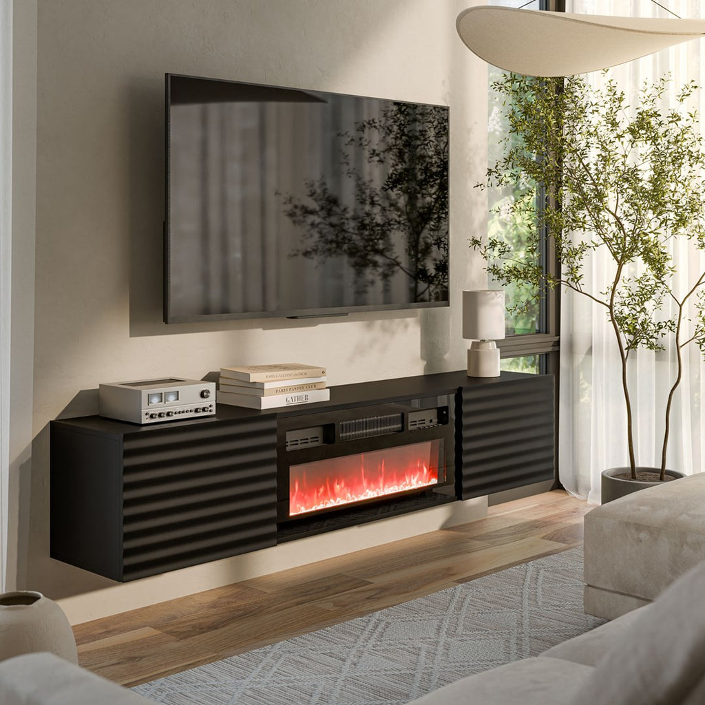 Cama TULA TV Cabinet 183x35x37 cm Black Matt + Black Fireplace