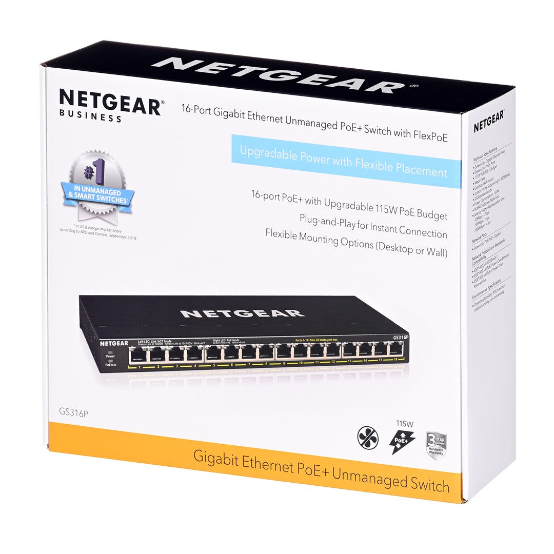 Netgear GS316P Unmanaged Gigabit Ethernet Switch PoE GS316P-100PES