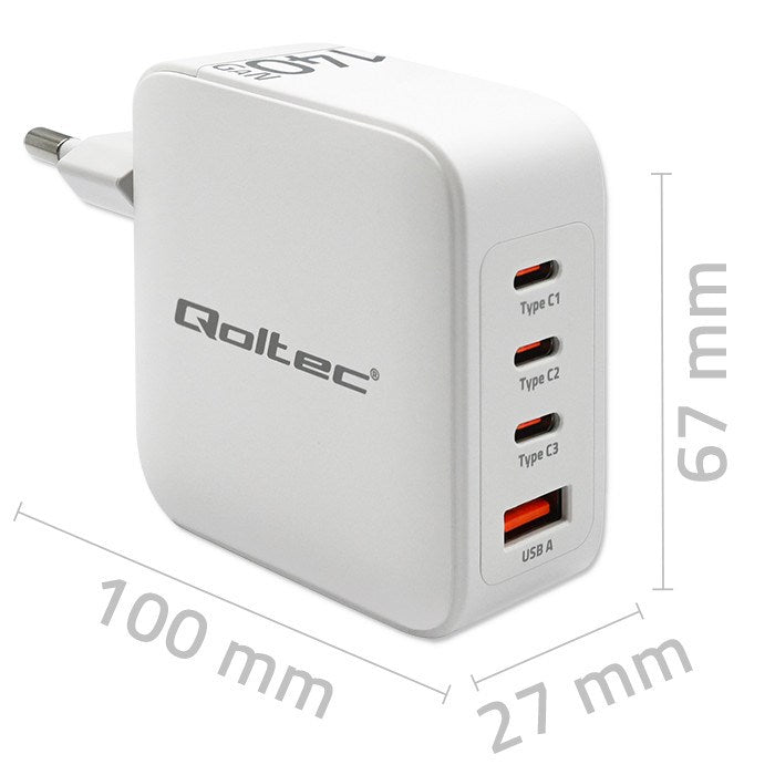 Qoltec 140W GaN Wall Charger 5-20V 3x USB-C PD 1x USB QC 3.0 White