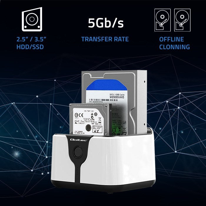 Qoltec 50309 HDD SSD Docking Station 2.5 3.5 SATA III USB 3.0 with Cloning Function 5Gb/s