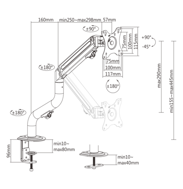 Gembird MA-DA1-02 Adjustable Desk Display Mount 17”-32” Up to 8 kg