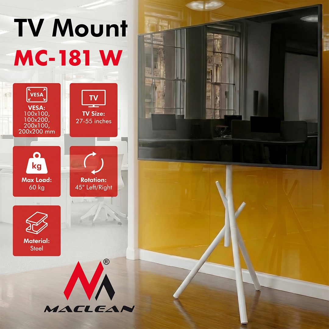Maclean Freestanding TV Floor Mount for 27" to 55" Screens, Max Weight 60 kg, MC-181 W
