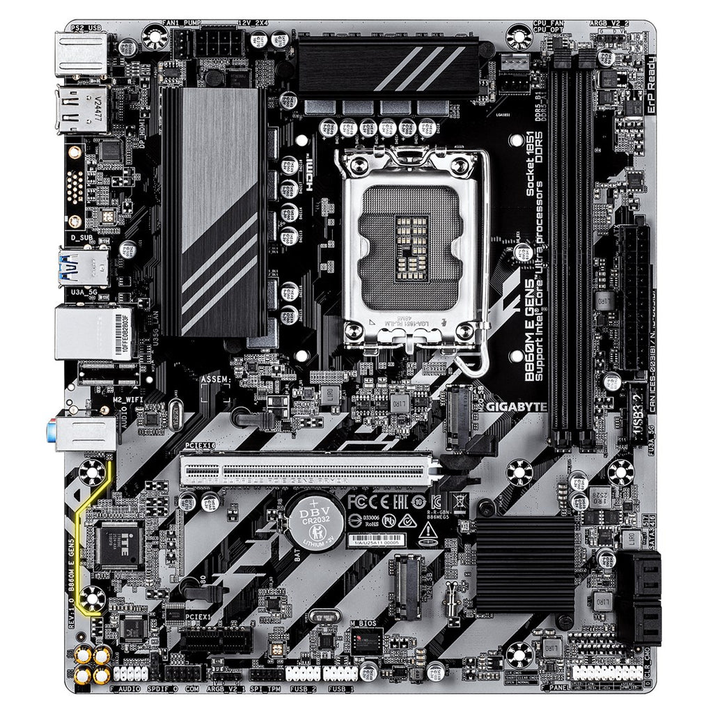 GIGABYTE B860M E GEN5 Motherboard - Intel Core Ultra Series CPUs  4+1+2 Phases VRM  up to 8800MHz DDR5 (O.C.)  2xPCIe 4.0 M.2  1GbE LAN  USB 3.2 Gen 1