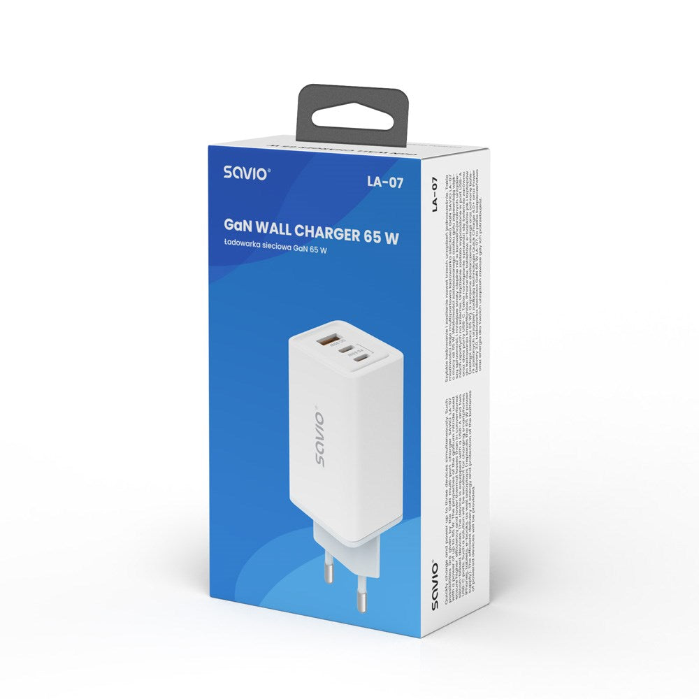 SAVIO LA-07 GaN 65W Mains Charger USB QC4.0+ PD 3.0 White