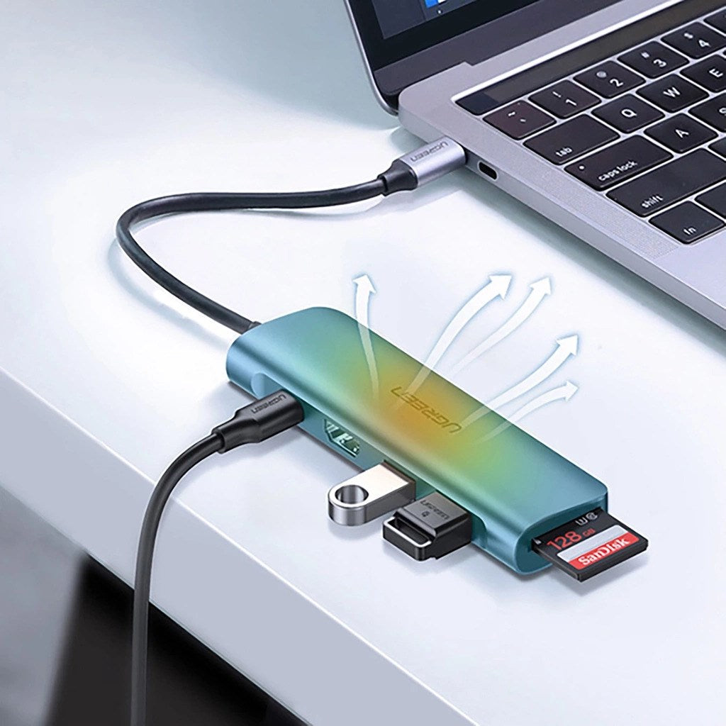 Ugreen CM195 6-in-1 USB-C adapter – HDMI / 2× USB-A 3.0 / USB-C PD / SD / TF card reader – grey