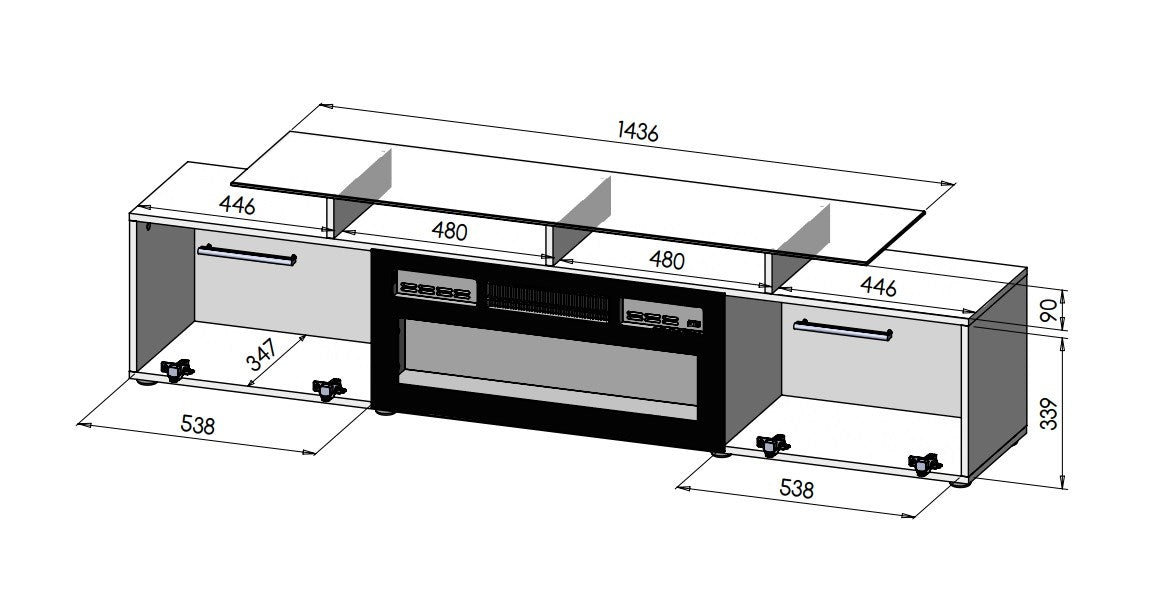 RTV cabinet ROVA with electric fireplace 190x37x48 white/gloss white