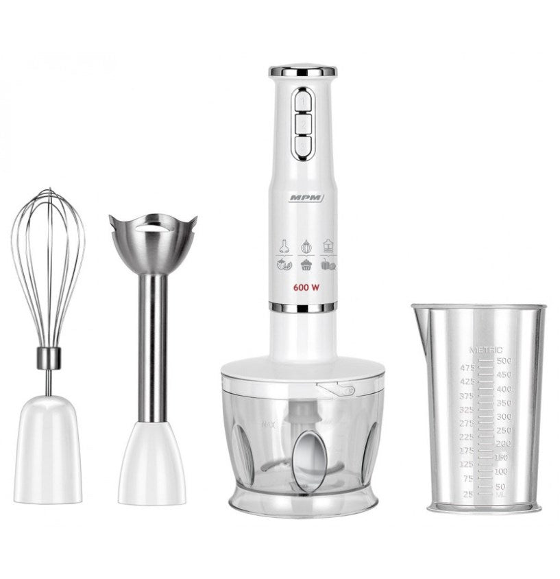 MPM MBL-43 hand blender set  500 ml jug with stainless steel blade  stainless steel blending attachment  Power: 600W