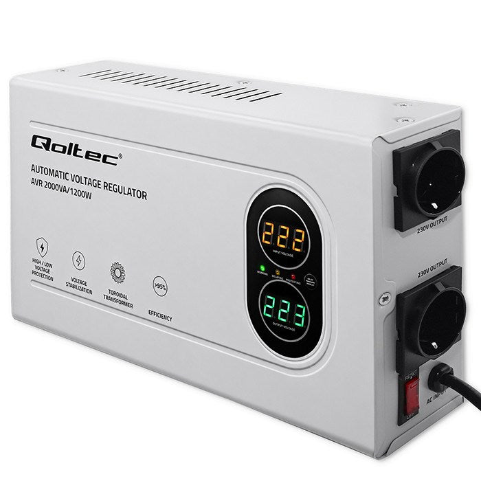 Qoltec Voltage Stabilizer 2 kVA 50449 - Automatic Regulation, 4930 g, 350x200x70 mm
