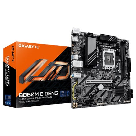 GIGABYTE B860M E GEN5 Motherboard - Intel Core Ultra Series CPUs  4+1+2 Phases VRM  up to 8800MHz DDR5 (O.C.)  2xPCIe 4.0 M.2  1GbE LAN  USB 3.2 Gen 1