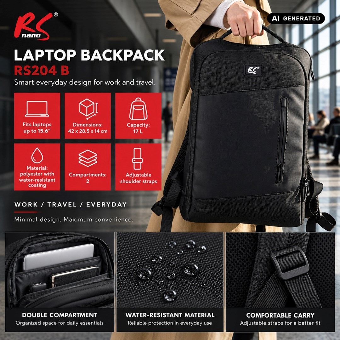 nano RS Laptop Backpack 15.6" Black Waterproof RS204 B