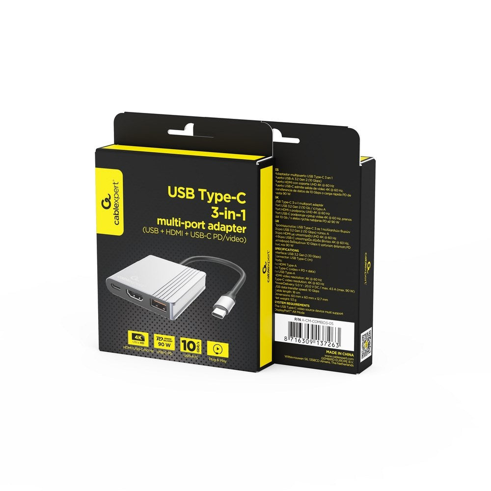 Gembird A-CM-COMBO3-05 USB Type-C 3-in-1 Multi-Port Adapter Space Grey