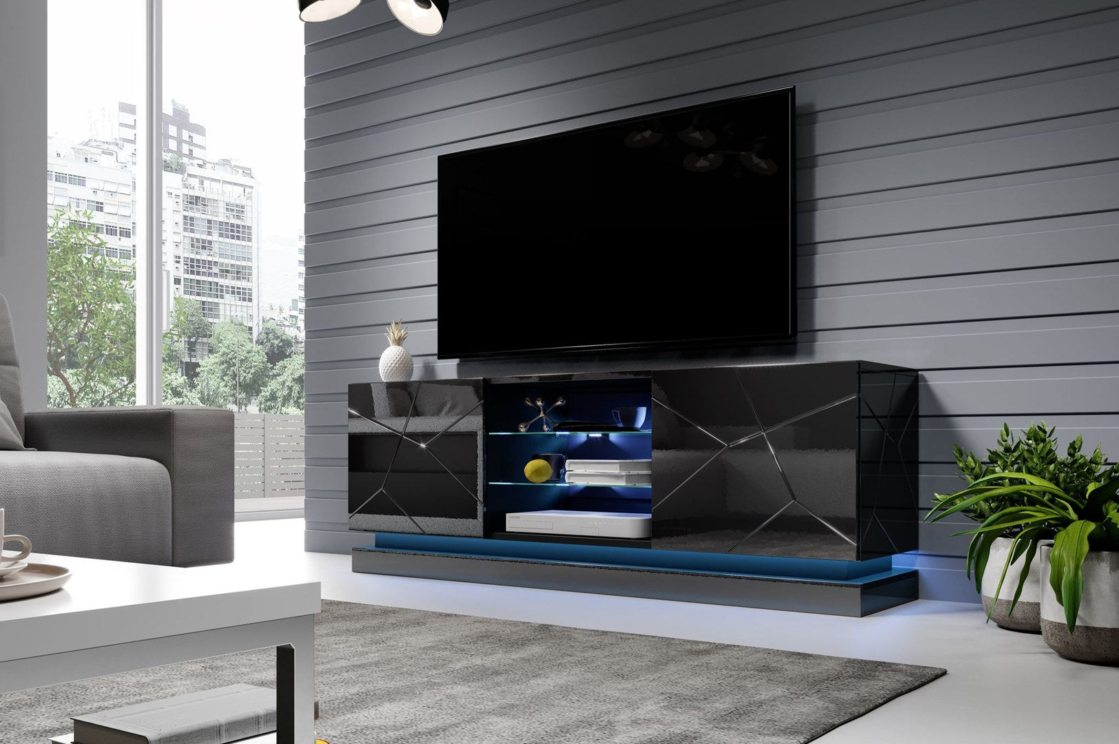 Cama TV Cabinet QIU 160 MDF Black Gloss/Black Gloss