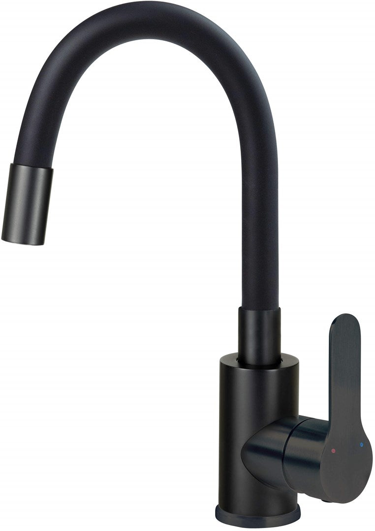 Washbasin mixer with curved spout