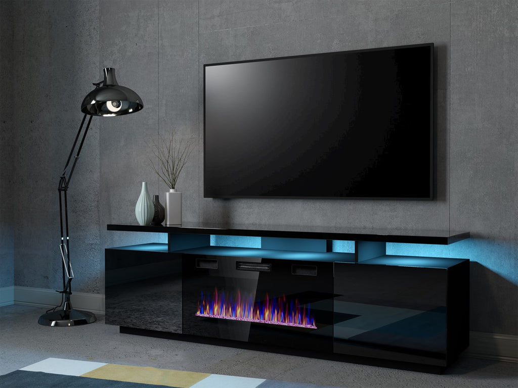 Cama MEBLE RTV EVA Cabinet with Electric Fireplace 180x40x52 cm Black/Gloss Black