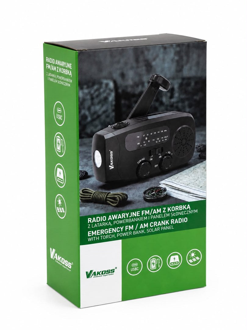 VAKOSS FM-3660K FM/AM Emergency Radio with Dynamo/ Flashlight/ Power Bank/ Solar Panel Audio-Video Player 270 g 75 mm Width 62 mm Length 145 mm